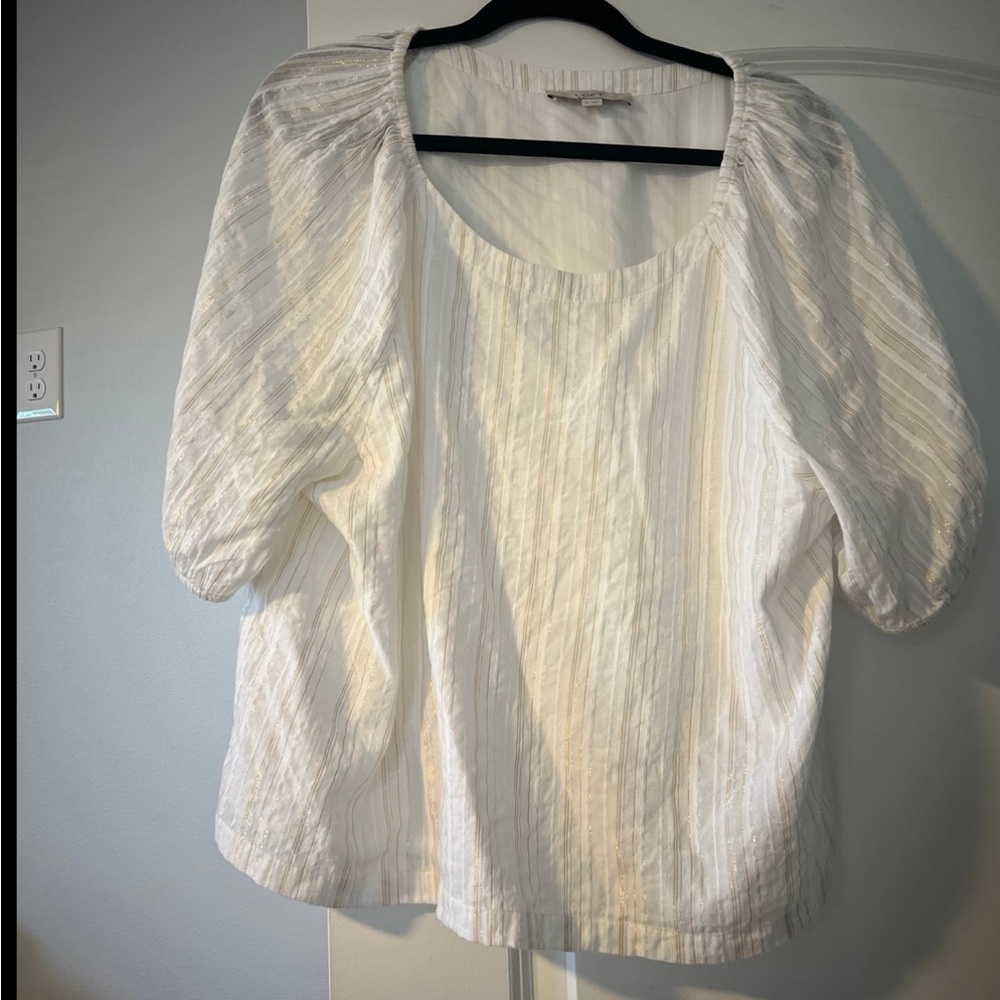 LOFT White Puff Sleeve Blouse with Ribbed Boxy Style